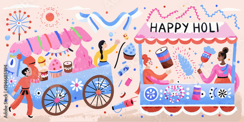 A vibrant illustration depicts a happy holi celebration with colorful elements