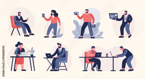 Diverse individuals engaged in various modern office and remote work activities (1)