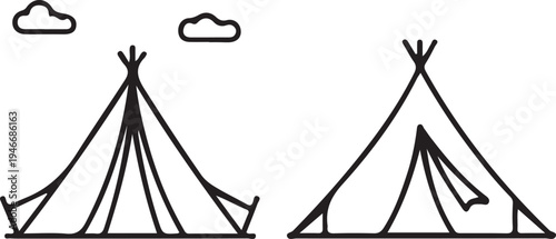 Simple line drawing of two teepees with clouds