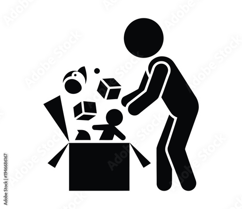 Person placing toys into a box icon, vector illustration representing donation, organization