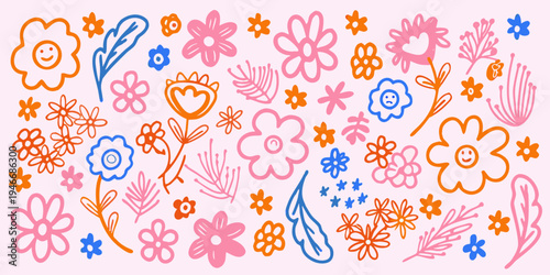 Φωτογραφία Colorful doodle art featuring whimsical flowers leaves and smiling faces