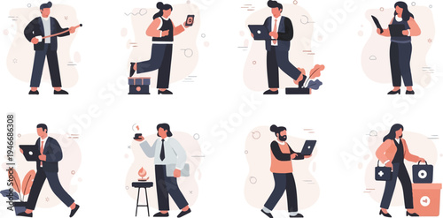 Diverse individuals engaged in various tasks, from music to technology