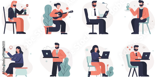 Diverse individuals engage in various remote work, leisure, and study activities