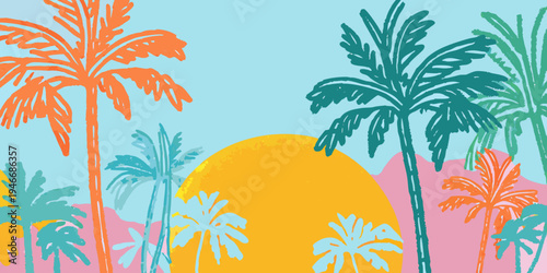 Stylized illustration of palm trees and a vibrant yellow sun