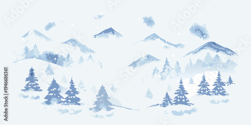Watercolor painting of snow capped mountains and evergreen trees