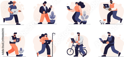 Diverse individuals engage with technology, indoors and outdoors, in modern, flat illustrations