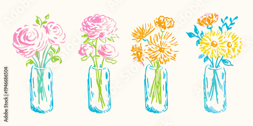 Colorful floral arrangements in vases a whimsical hand drawn illustration
