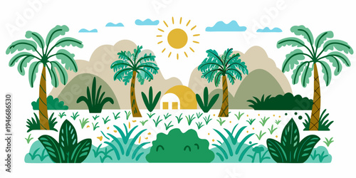 Stylized tropical landscape with palm trees mountains and a small hut
