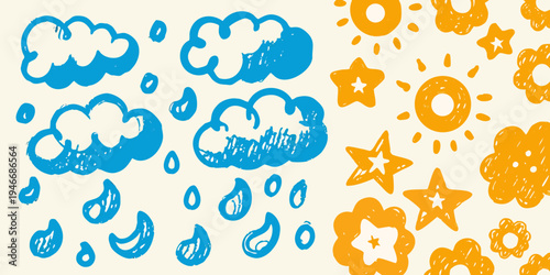 Childlike drawing depicting weather elements clouds rain sun and stars