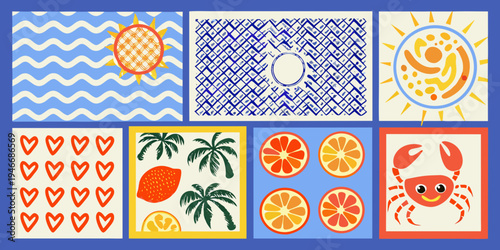 A colorful collection of nine patterned squares featuring diverse summer motifs