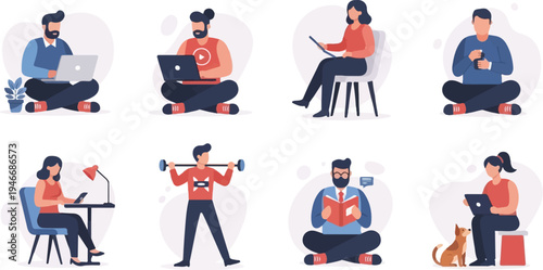 Diverse individuals engaged in various activities on white background