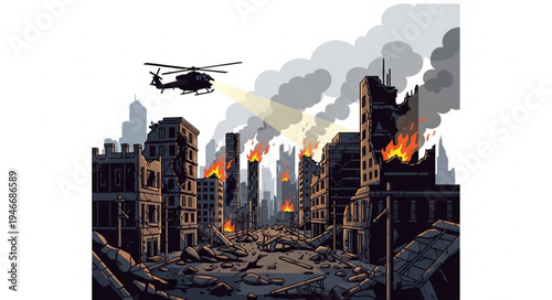 Cityscape destruction with helicopter.