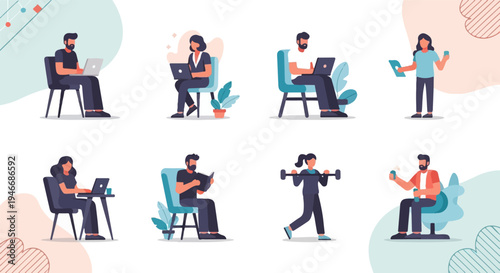 Diverse individuals engage in various activities, from working on laptops to exercising and reading
