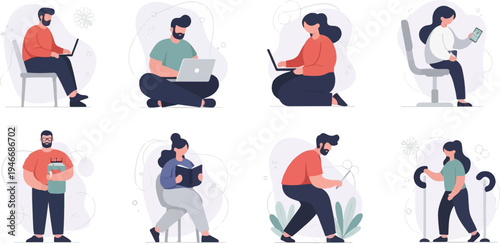 Diverse individuals engaged in various activities like working, reading, and exercising (1)