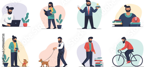 Diverse men engaged in various daily activities, including work, leisure, and transport