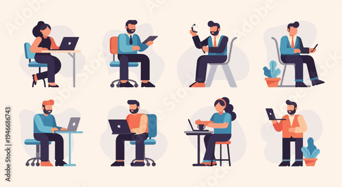 Diverse individuals work on laptops and devices in a modern, minimalist setting