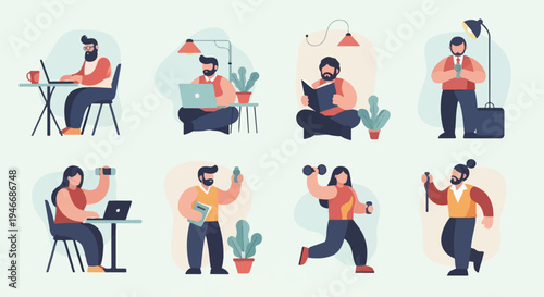 Diverse individuals engaged in various home and work activities with plants