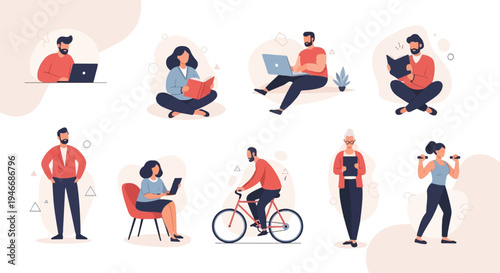 Diverse people engaged in reading, working on laptops, cycling, and exercising