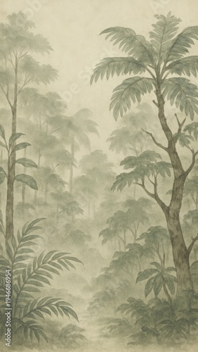 Serene misty jungle landscape illustration.