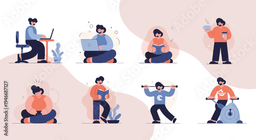 Diverse people engaged in various daily activities, including working and exercising