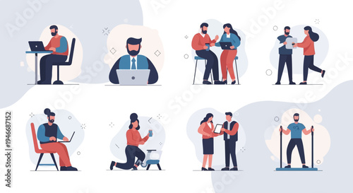 Diverse individuals engage in various work and fitness activities