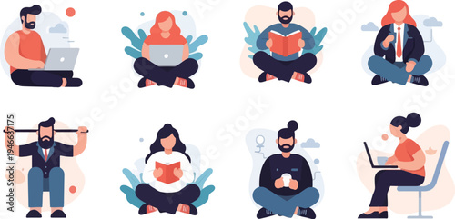 Diverse individuals engaged in various activities like working, reading, and exercising (2)