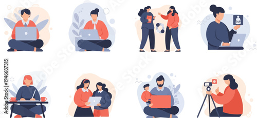 Diverse people engaged in various digital activities and collaborations