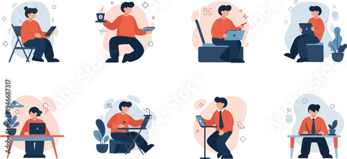 Diverse people engaged in various digital tasks and relaxation