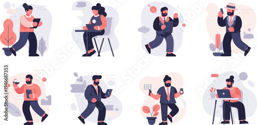 Diverse individuals engaging with technology in a stylized, minimalist setting