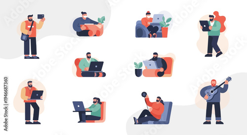 Diverse individuals engaged in various activities, from work to hobbies