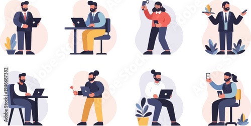 Diverse individuals engaged in varied professional and personal activities, showcasing modern lifestyles