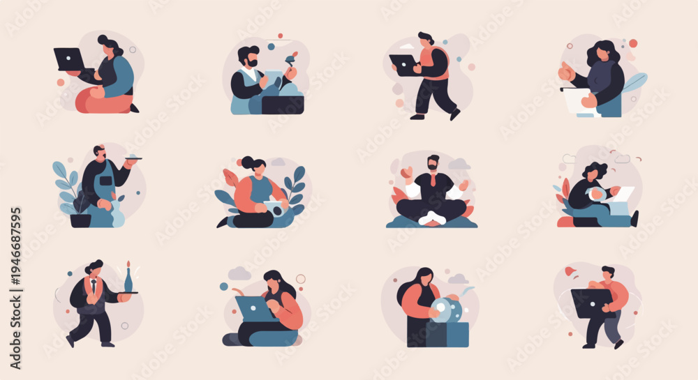 Fototapeta premium Diverse people engaged in various modern activities and professions, depicted in flat illustration style