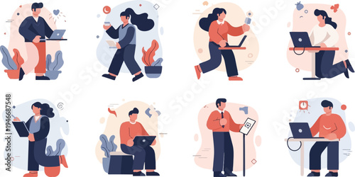 Diverse individuals engaged in various work-related activities with technology