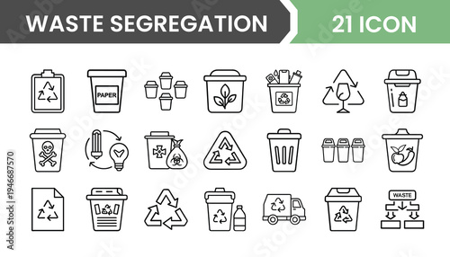 Recycling and waste management icons pack in vector format for web and app UI design including waste segregation, trash separation, recycling, eco friendly, sustainability, and environmental symbols