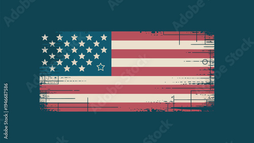 A distressed American flag on a dark blue background with a vintage feel