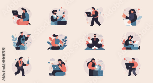 Diverse people engaged in various modern activities and professions, depicted in flat illustration style