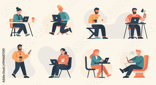 Diverse individuals engaged in digital work and communication on laptops and phones