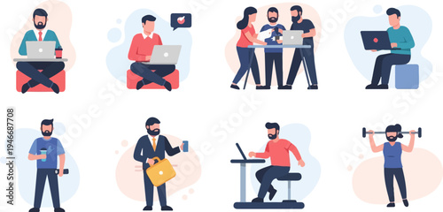 Diverse individuals engaged in work, meetings, and fitness activities