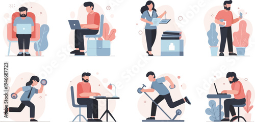 Diverse individuals engaged in various work and wellness activities