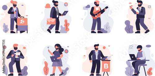 Diverse individuals engaged in various professional and leisure activities, illustrated digitally
