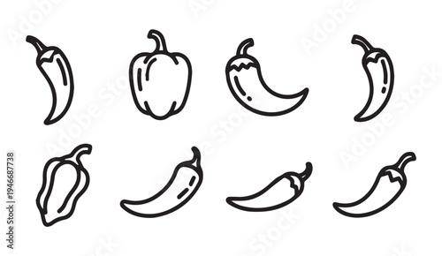 Chili Peppers And Bell Pepper Outline Icons Set Isolated On White Background Food Vector