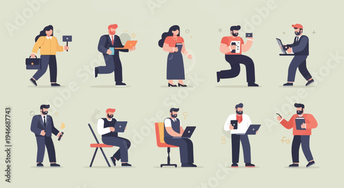 Diverse individuals engaged in various work-related activities, some standing, others seated