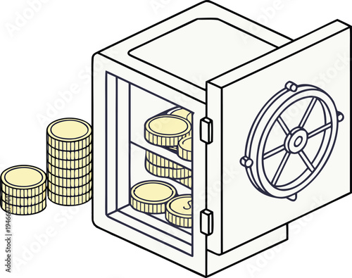 Open bank safe vault with stacks of gold coins inside and outside in a clean isometric vector illustration style for financial security.