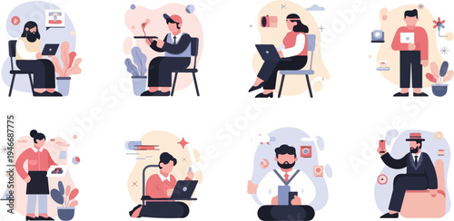 Diverse individuals engaged in work, leisure, and service activities