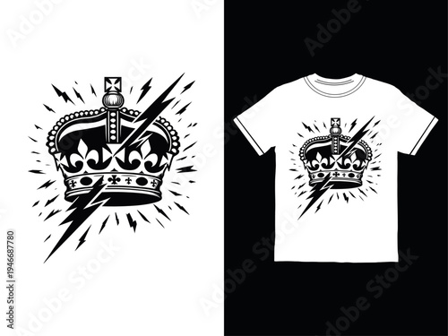 A black and white image of a t-shirt with a crown design