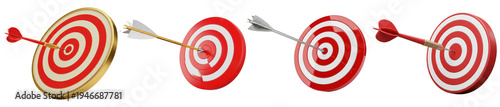 Photos Four realistic 3D renders of red and white targets with arrows hitting the bullseye, symbolizing success and precision