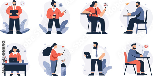 Diverse individuals engaged in various office and remote work activities