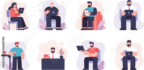 Diverse individuals working on laptops and tablets, in casual and formal settings