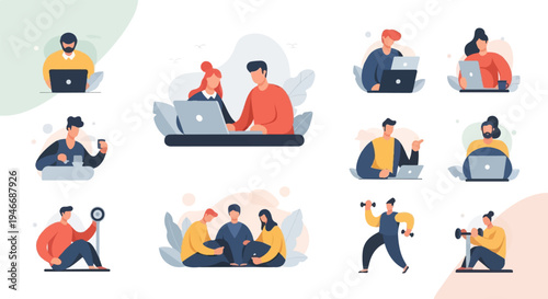 Diverse individuals engaged in various activities, from work to fitness