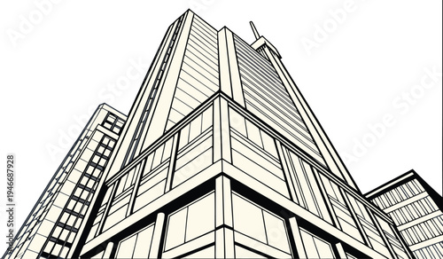 Modern skyscraper building in a low angle perspective view featuring clean black and white minimalist line art illustration for corporate architectural design
